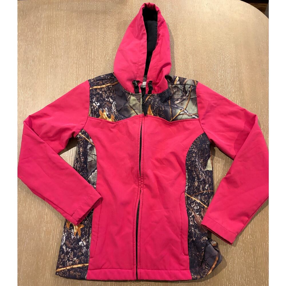 WFS Burly Girl Pink Camo Hooded Softshell Jacket Womens Small Hunting